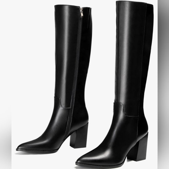 Vivianly Shoes - vivianly Women's Wide Knee-High Boots, Pointed Toe Block Heel Zipper, Fashion